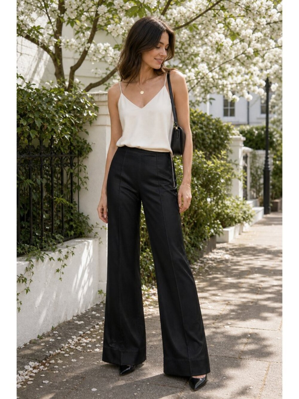 $345 Elizabeth & James Iven Black Satin Flare Wide Leg High Rise Dress Pants 6